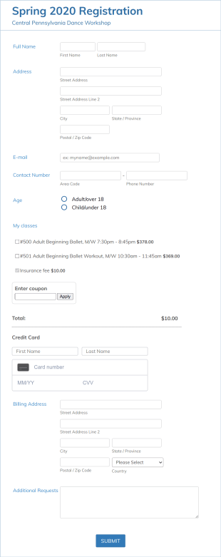 Dance Classes Registration Spring 2020 Form Template
