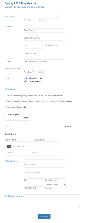 Dance Classes Registration Spring 2020 Form Template