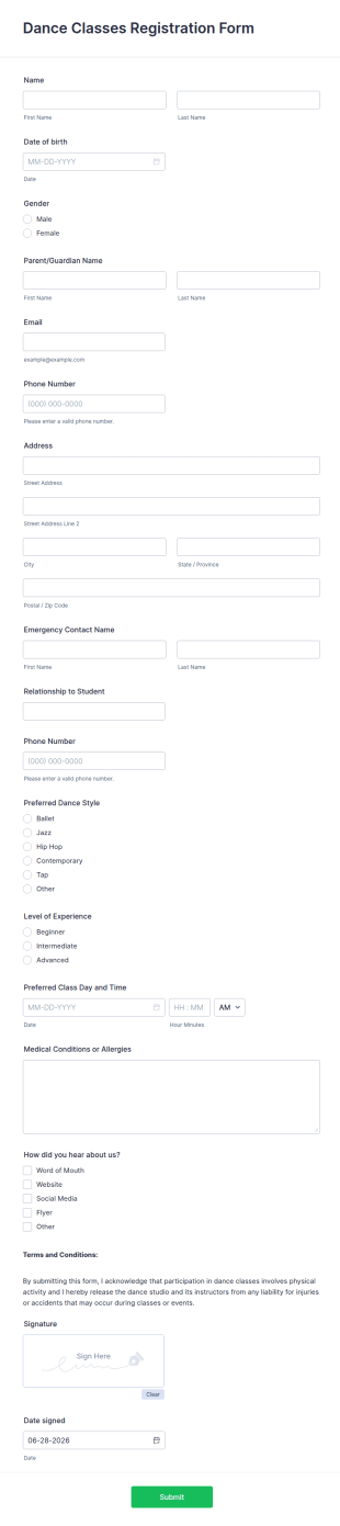 Dance Classes Registration Form Template