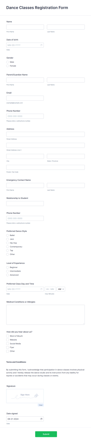 Dance Classes Registration Form Template