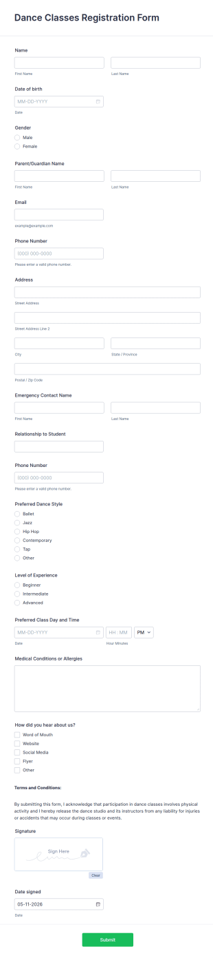 Dance Classes Registration Form Template