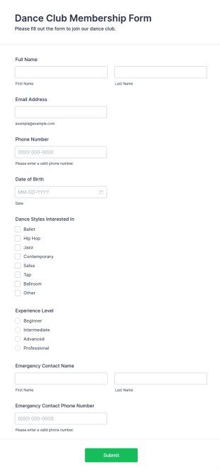 Dance Club Membership Form Template