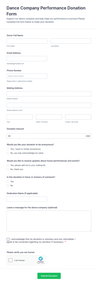 Dance Company Performance Donation Form Template