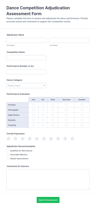 Dance Competition Adjudication Assessment Form Template