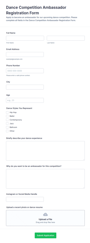 Dance Competition Ambassador Registration Form Template