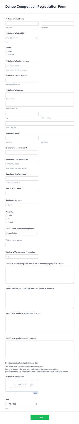 Dance Competition Registration Form Template