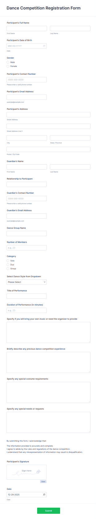 Dance Competition Registration Form Template