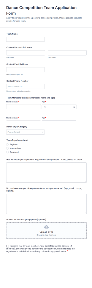 Dance Competition Team Application Form Template