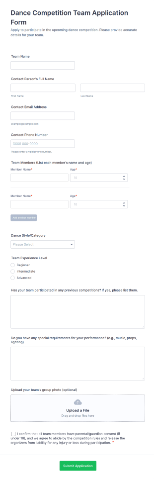 Dance Competition Team Application Form Template