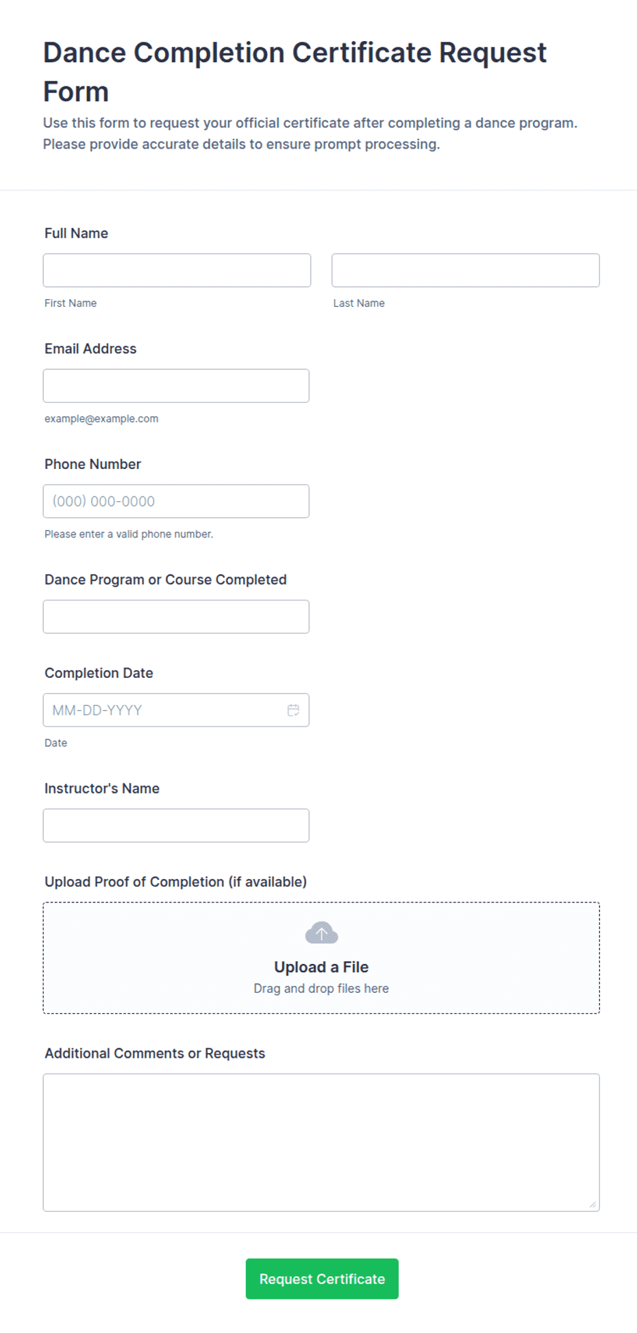 Dance Completion Certificate Request Form Template | Jotform