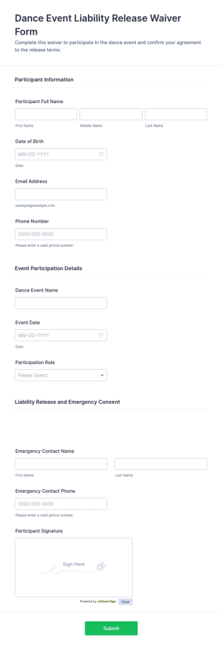 Dance Event Liability Release Waiver Form Template