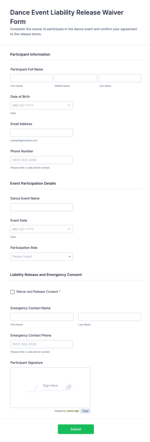 Dance Event Liability Release Waiver Form Template