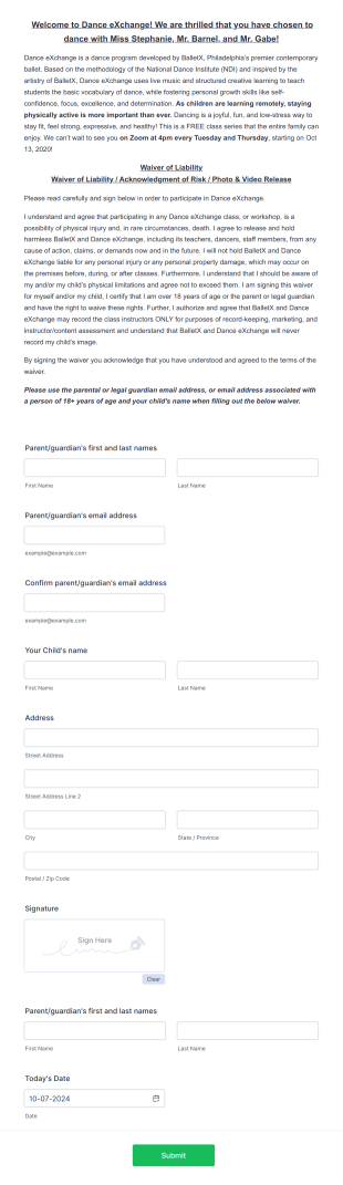 Dance EXchange After School Classes (Miss Stephanie) Form Template