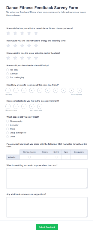 Dance Fitness Feedback Survey Form Template