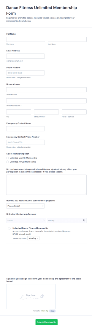 Dance Fitness Unlimited Membership Form Template
