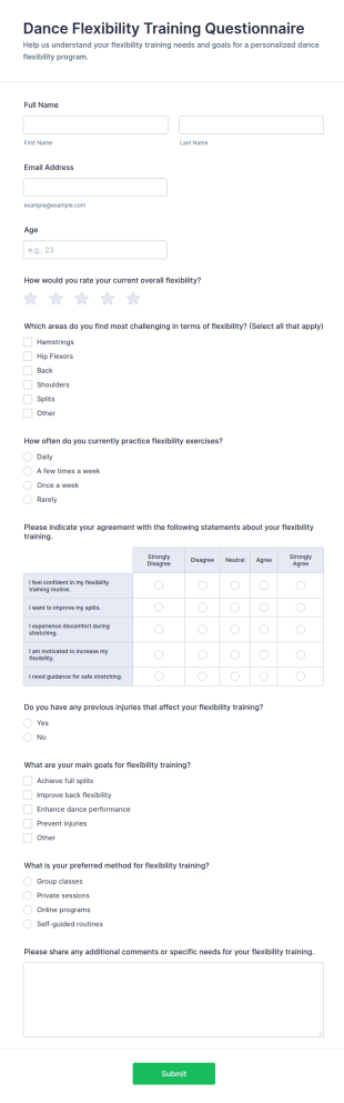 Dance Flexibility Training Questionnaire Form Template