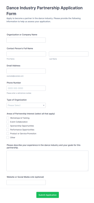 Dance Industry Partnership Application Form Form Template