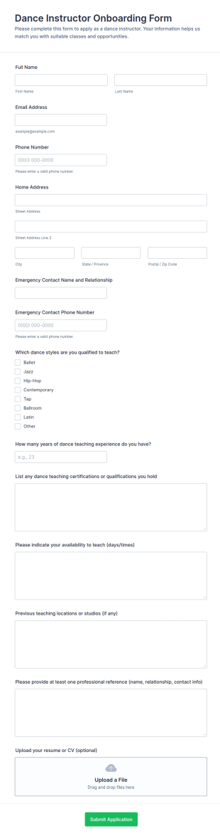 Dance Instructor Onboarding Form Template