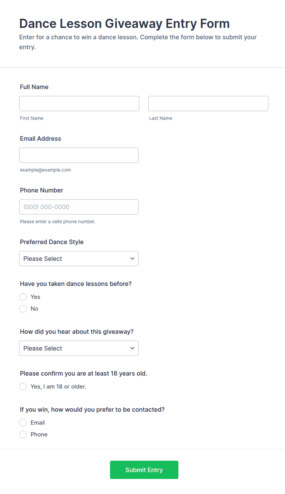 Dance Lesson Giveaway Entry Form Template | Jotform
