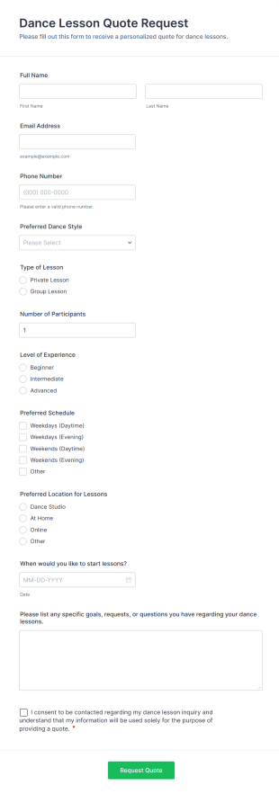 Dance Lesson Quote Request Form Template
