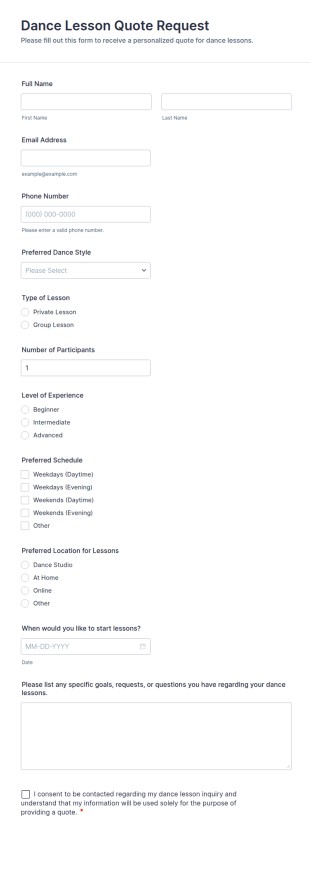 Dance Lesson Quote Request Form Template