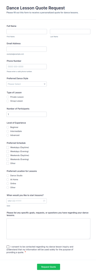 Dance Lesson Quote Request Form Template