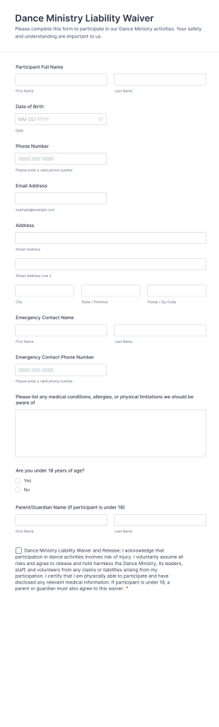 Dance Ministry Liability Waiver Form Template