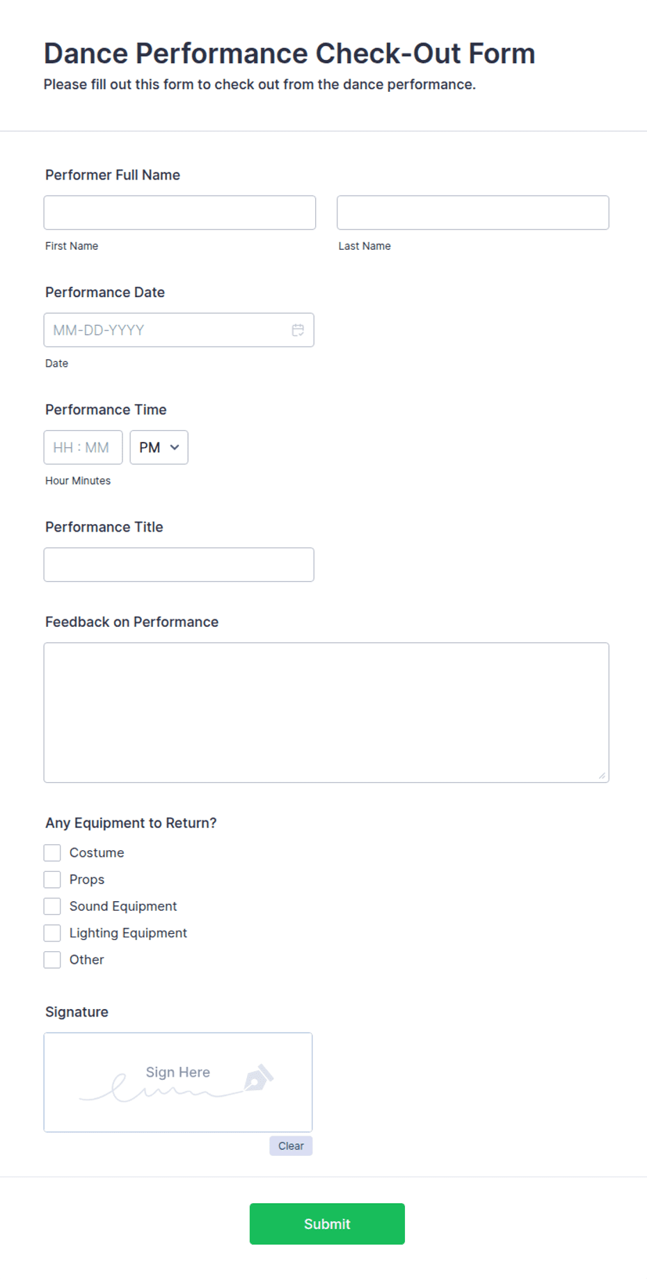Dance Performance Check-Out Form Template | Jotform