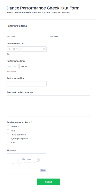 Dance Performance Check Out Form Template