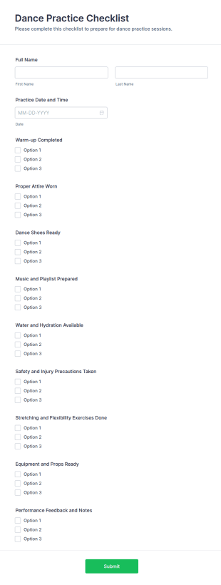 Dance Practice Checklist Form Template