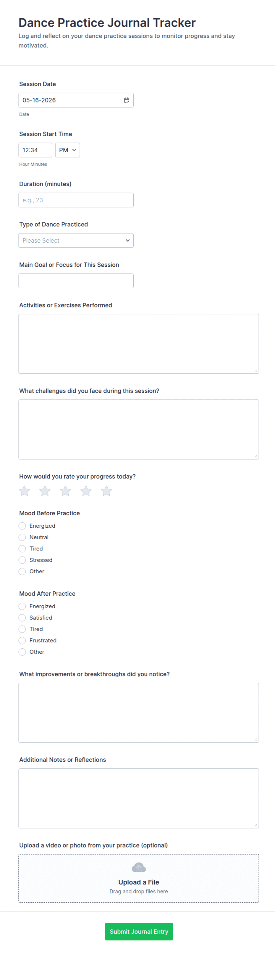 Dance Practice Journal Tracker Form Template | Jotform