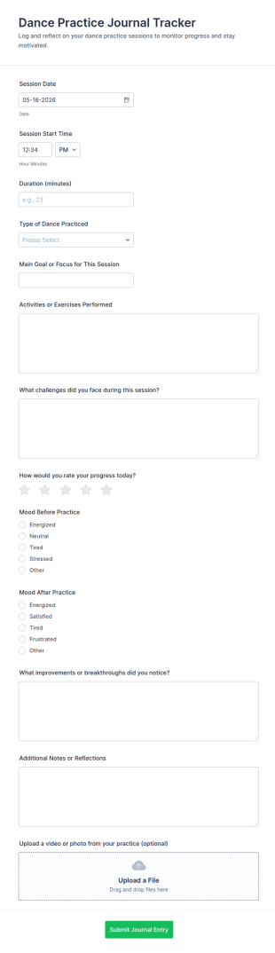 Dance Practice Journal Tracker Form Template