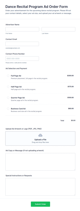 Dance Recital Program Ad Order Form Template