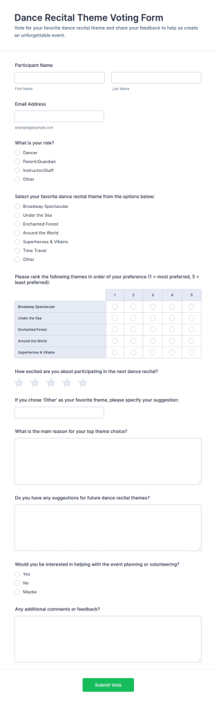 Dance Recital Theme Voting Form Template