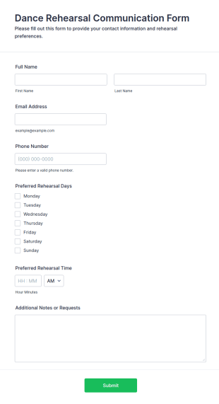 Dance Rehearsal Communication Form Template