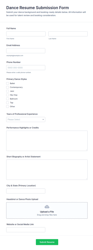 Dance Resume Submission Form Template