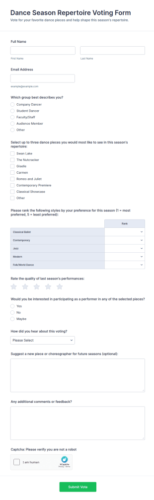 Dance Season Repertoire Voting Form Template