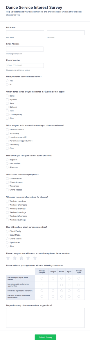 Dance Service Interest Survey Form Template