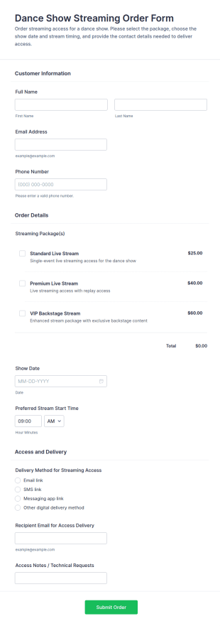 Dance Show Streaming Order Form Template