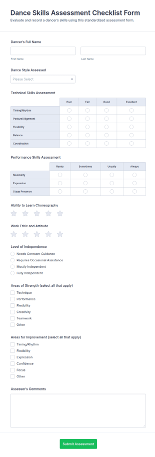 Dance Skills Assessment Form Template
