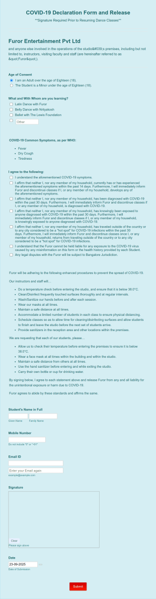 Dance Studio COVID 19 Release Form Template