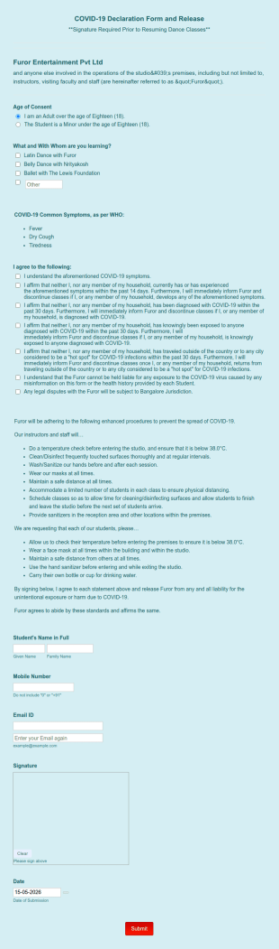 Dance Studio COVID 19 Release Form Template