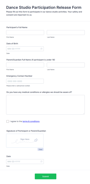 Dance Studio Participation Release Form Template