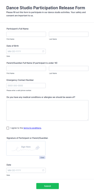 Dance Studio Participation Release Form Template