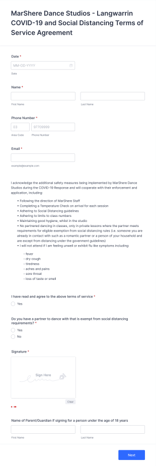 MarShere Dance Studio Social Distancing Terms Of Service Agreement Form Template
