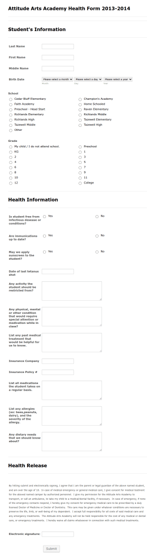 Dance Studio Student's Registration Form Template