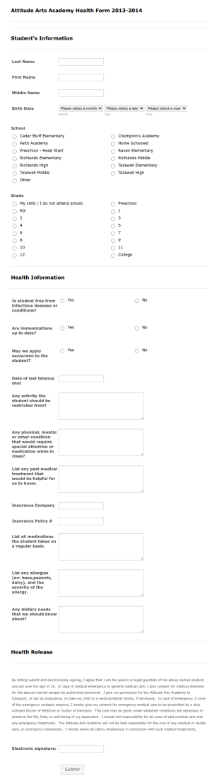 Dance Studio Student's Registration Form Template