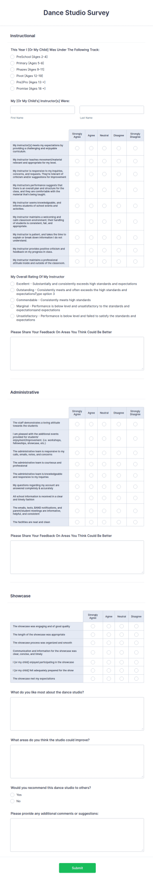 Dance Studio Survey Form Template