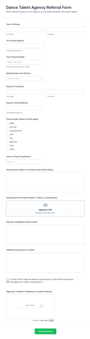 Dance Talent Agency Referral Form Template