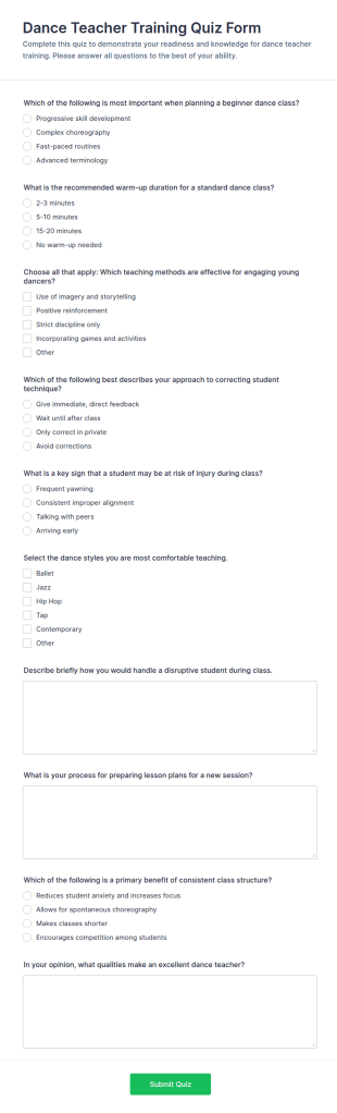 Dance Teacher Training Quiz Form Template
